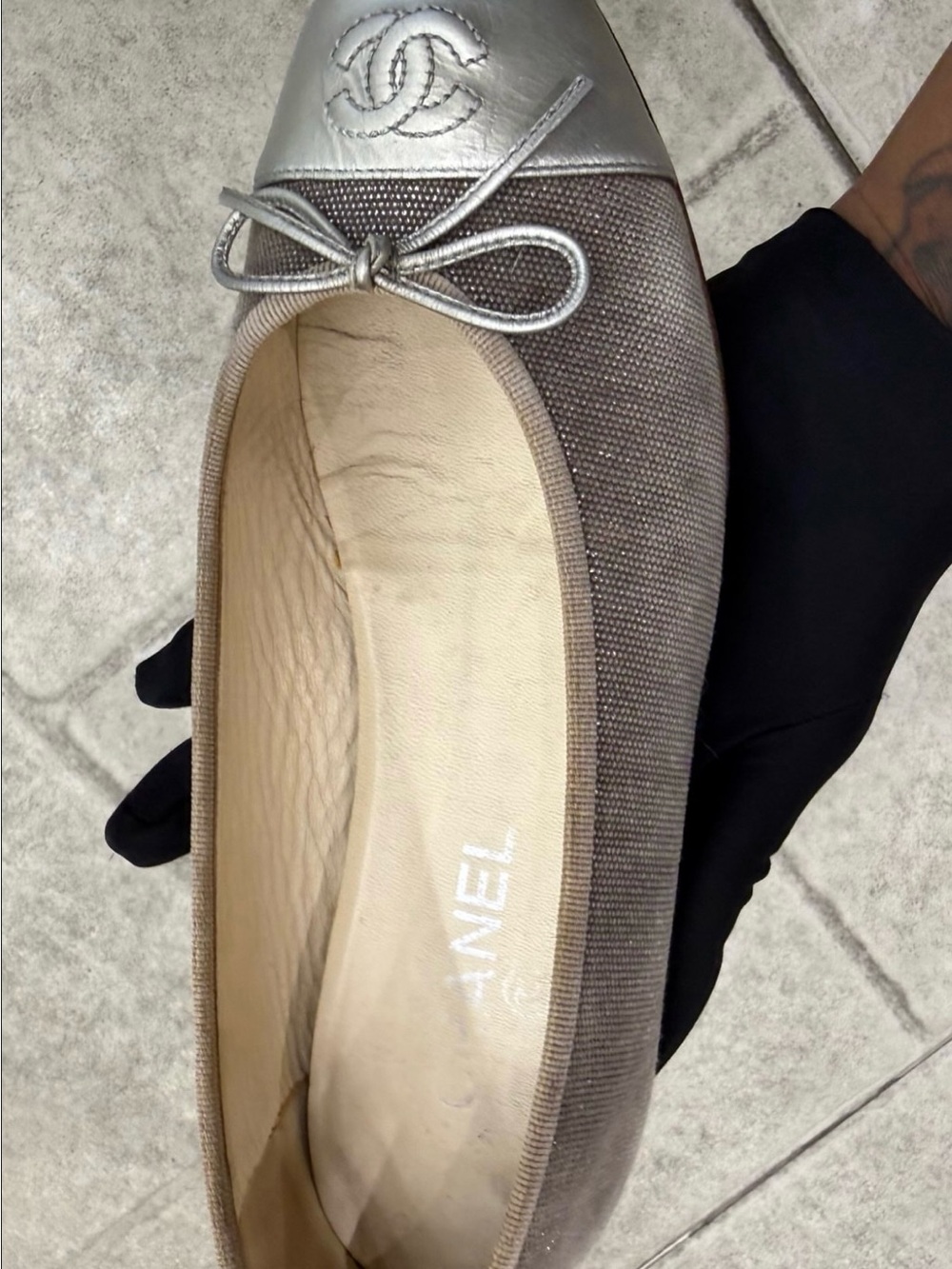 CHANEL Metallic Silver and Taupe Cap-Toe Ballet Flat